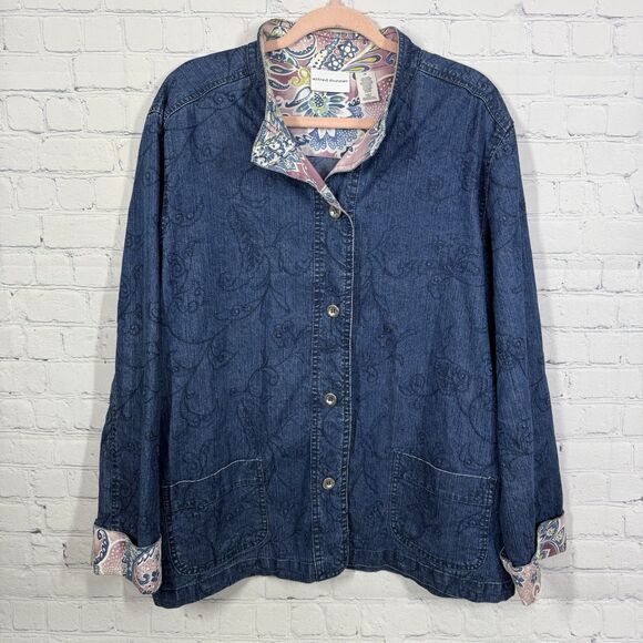 VTG Y2K 90's Chore Jacket Women Size 16 Blue Chambray Cotton Embroidered Floral - Picture 1 of 14